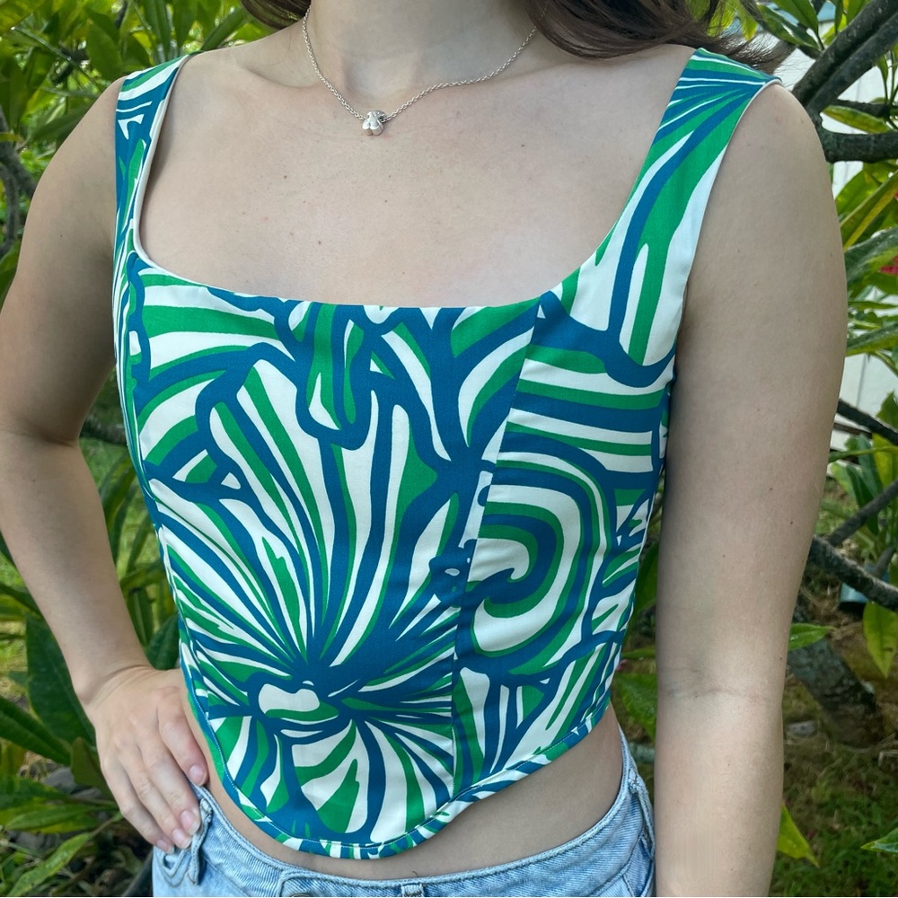 Green and Blue Hawaiian Print Corset Top